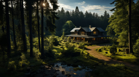 Aerial view of house in the middle of forest. 8k ultraの素材