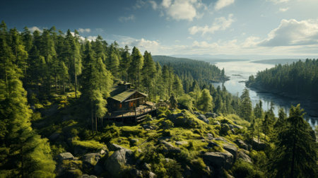 Aerial view of house in the middle of forest. Generative AI.の素材