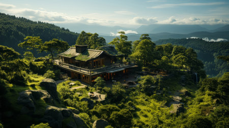 Aerial view of house in the middle of forest. Generative AI.の素材