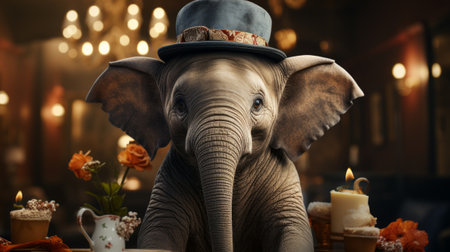 An elephant wearing a party hat. Generative AI.の素材