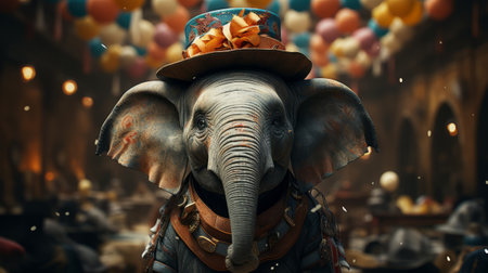 An elephant wearing a party hat. Generative AI.の素材