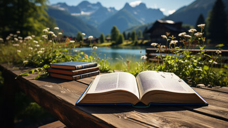 An open book with a river and mountains in the backgrod. Generative AI.の素材