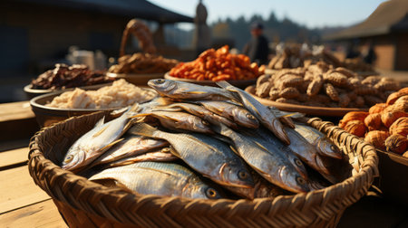 Baskets of fish and dried fish. Generative AI.の素材
