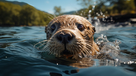 An otter swimming in water. Generative AI.の素材