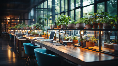 Blurred office workspace interior workplace. Generative AI.の素材