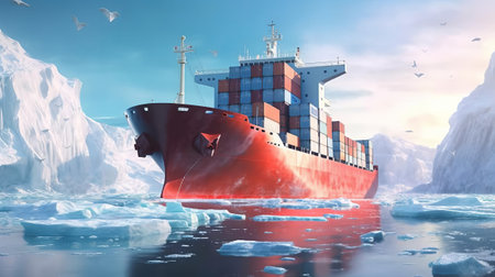 Cargo ship sailing between icebergs. Generative AI.の素材