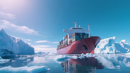 Cargo ship sailing between icebergs. Generative AI.の素材