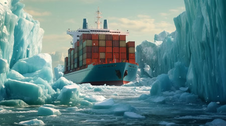 Cargo ship sailing between icebergs. Generative AI.の素材