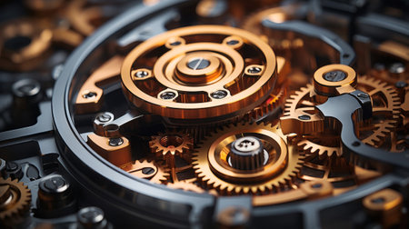 Close up of a gear stainless steel engine background. Generative AI.の素材