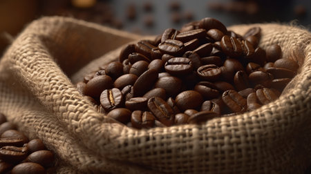 Coffee beans in a jute bag close-up. Generative AI.の素材