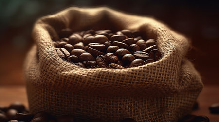 Coffee beans in a jute bag close-up. Generative AI.の素材