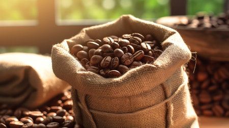 Coffee beans in a jute bag close-up. Generative AI.の素材