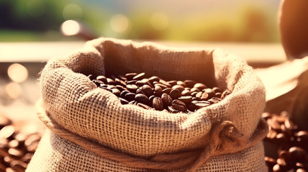 Coffee beans in a jute bag close-up. Generative AI.の素材