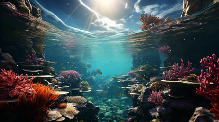 Colorful coral reef with fish. Generative AI.の素材