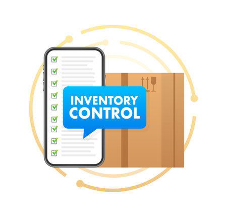 Smartphone with a box on the screen with text Inventory Control on Speech Bubble. Inventory Management. Vector stock illustrationのイラスト素材