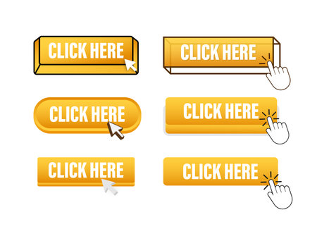 Click here Button with pointer clicking. Click here web buttons set. User interface element in flat style. Vector stock illustrationのイラスト素材