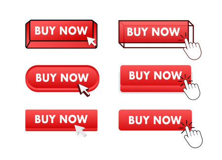 Buy now with pointer clicking. Buy now web buttons set. User interface element in flat style. Vector stock illustrationのイラスト素材