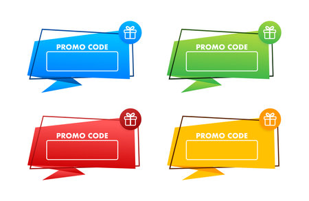 Set colorful gift tags with a present on them. Promo, Coupon code banner with gift box. Vector stock illustrationのイラスト素材
