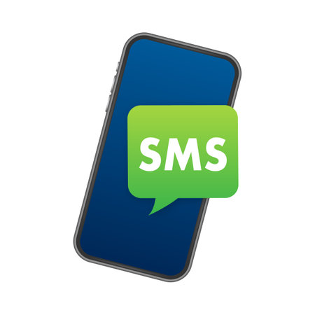Blue and green speech Bubbles with the word Sms on them. Mobile mail marketing, e-commerce, internet advertising and promotionのイラスト素材