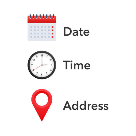 Essential Appointment Icons Set Featuring Calendar, Clock, and Location Pin for Date, Time, and Address Indication.のイラスト素材