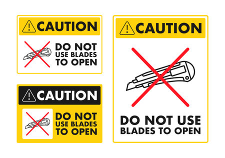 Safety warning signs vector illustration indicating not to use blades for opening packages, suitable for workplace safety and package handling instructions.のイラスト素材
