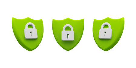 Security Concept with Green Shields and Padlocks, Representing Data Protection, Privacy, and Cybersecurity Measures. Vector stock illustrationのイラスト素材