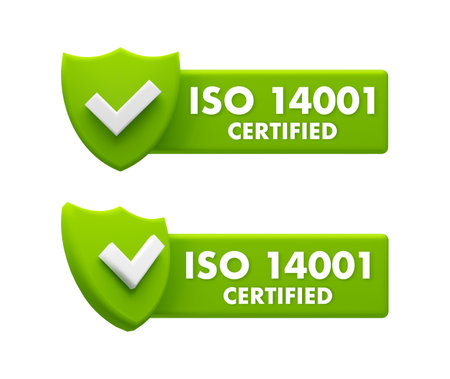 ISO 14001 Certified Environmental Management Shields - Eco-Friendly Standard Assurance Badgesのイラスト素材