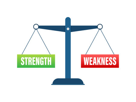 Strength Versus Weakness Scales Concept, Vector Illustration of Balanced Weights for Strategy and Self-Analysis in Personal Developmentのイラスト素材