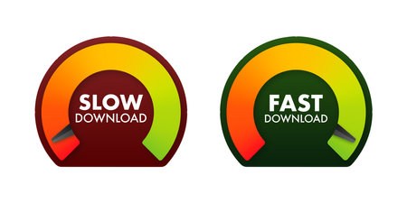 Internet Speedometer Concept with Slow and Fast Download Indicators, Vector Illustration for Web Performance and Bandwidth Measurementのイラスト素材