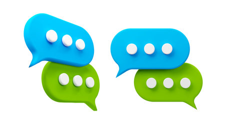 3D vibrant speech bubbles in blue and green, symbolizing digital communication, social media dialogue, and messaging concepts. Vector stock Illustrationのイラスト素材