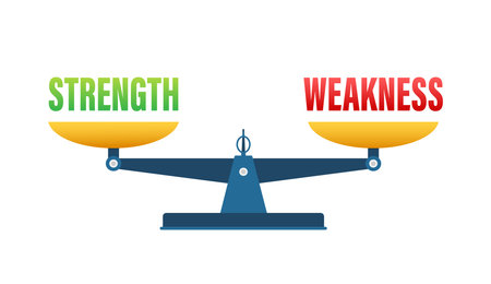 Strength and Weakness Balance Concept, Vector Illustration of Scales with Opposing Weights for Personal Development and SWOT Analysisのイラスト素材