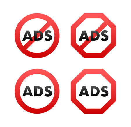 No advertisement signs vector collection, featuring different shapes with ADS text crossed out, suitable for ad-free zones and contentのイラスト素材