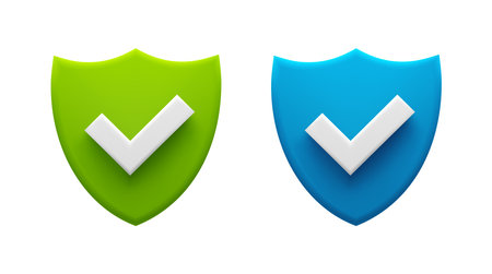 Green and Blue Security Shields with Check Marks Representing Protection and Approval. Vector stock illustration.のイラスト素材