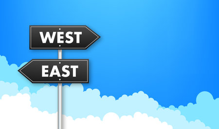 Directional Signposts for East and West with Blue Sky and Clouds Background, Vector Illustration for Travel and Navigation Conceptsのイラスト素材