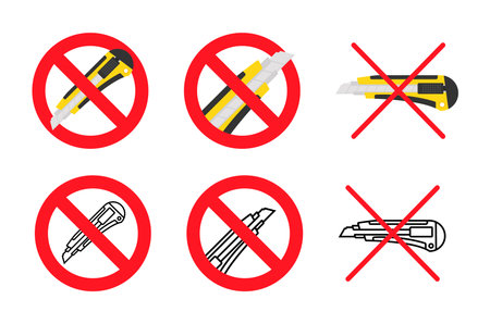 Prohibition signs vector illustration set forbidding stationery knives and cutters, ideal for safety guidelines and restricted tool use policies.のイラスト素材