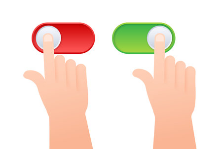 Hands Interacting with Red and Green Toggle Switch Buttons. Vector stock illustrationのイラスト素材