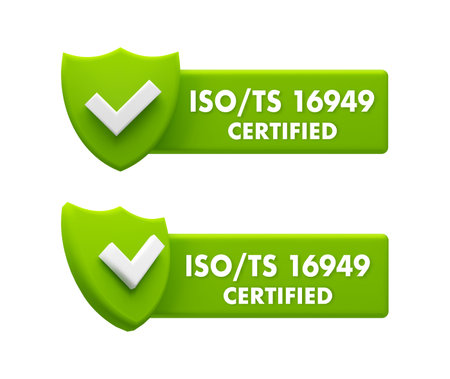 ISO TS 16949 Certified Badges - Automotive Quality Management System Certification Iconsのイラスト素材