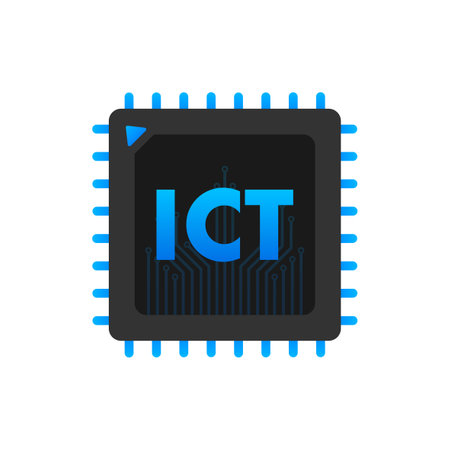 Vector illustration of an integrated circuit chip with ICT acronym, representing Information and Communication Technologyのイラスト素材
