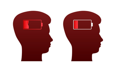 Vector illustration of two silhouetted profiles with battery level indicators, concept for mental energy or cognitive loadのイラスト素材