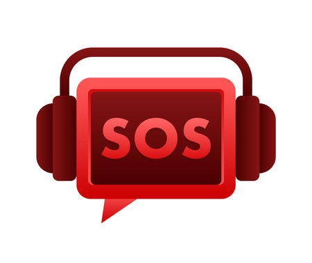 SOS message bubble with headphones, representing emergency communication or urgent customer support conceptのイラスト素材