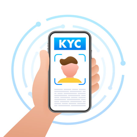 Digital KYC verification process on a smartphone screen with facial recognition technology, vector illustration for secure online identificationのイラスト素材