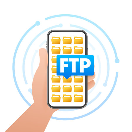 Hand holding a smartphone with FTP File Transfer Protocol icon and folders, concept for file sharing and data managementのイラスト素材