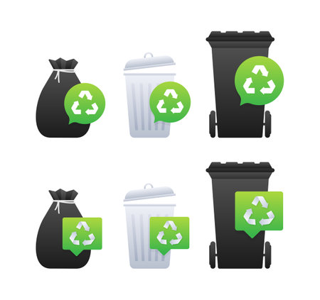 Recycling bins and garbage bags with recycle symbol, promoting waste management and environmental careのイラスト素材
