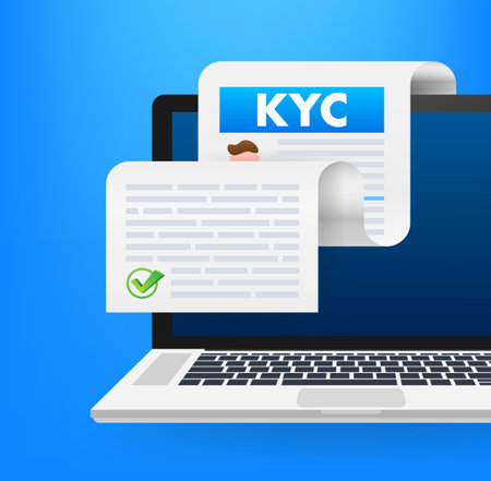 Know Your Customer KYC Compliance Vector Illustration with Verified Document on Laptop Screen for Secure Online Verification Processのイラスト素材