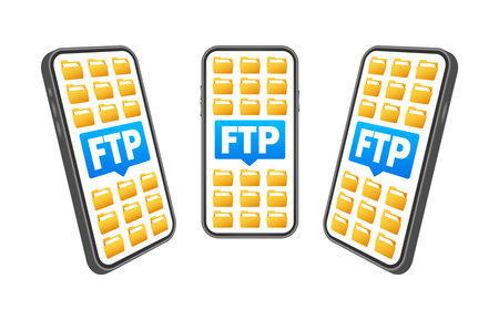 FTP File Transfer Protocol Concept with Folders on Smartphone Screen Vector Illustration for Data Sharing and Network Communicationのイラスト素材
