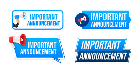 Important Announcement text with Megaphone label set. Megaphone in hand promotion banner. Marketing and advertisingのイラスト素材