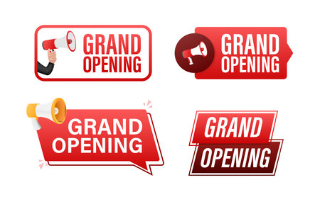 Grand Opening text with Megaphone label set. Megaphone in hand promotion banner. Marketing and advertisingのイラスト素材
