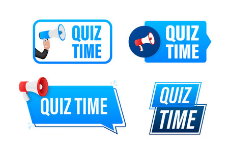 Quiz time text with Megaphone label set. Megaphone in hand promotion banner. Marketing and advertisingのイラスト素材