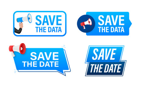 Save the date text with Megaphone label set. Megaphone in hand promotion banner. Marketing and advertisingのイラスト素材