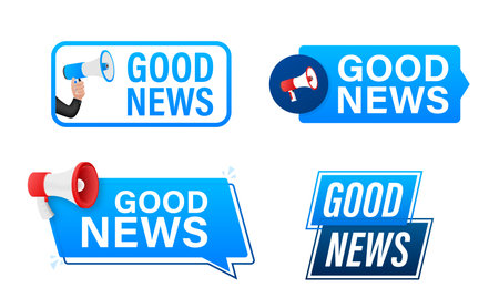 Good news text with Megaphone label set. Megaphone in hand promotion banner. Marketing and advertisingのイラスト素材
